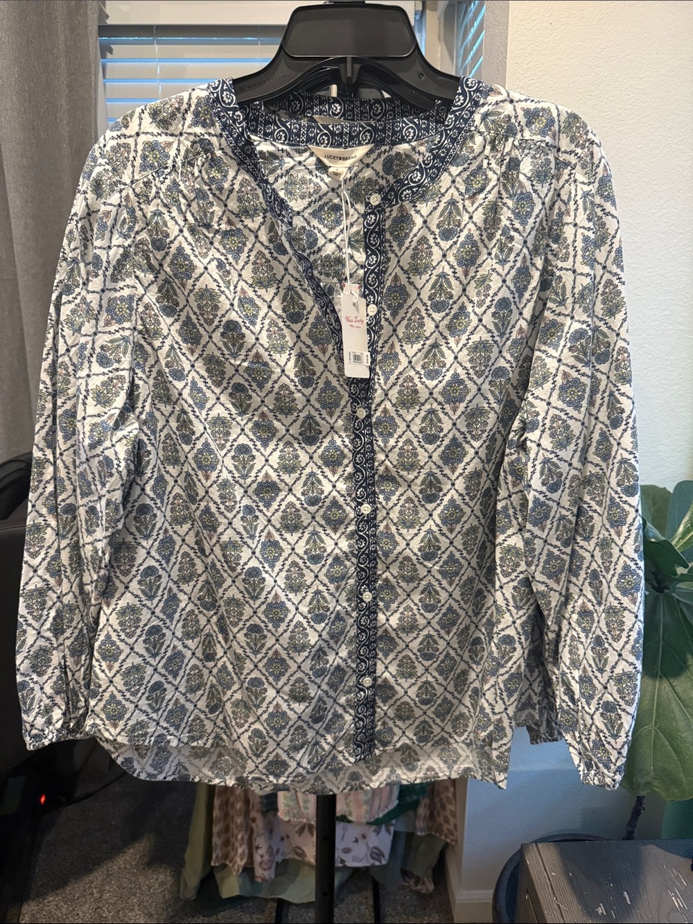 Lucky Brand Navy and White Printed Button-Down Shirt